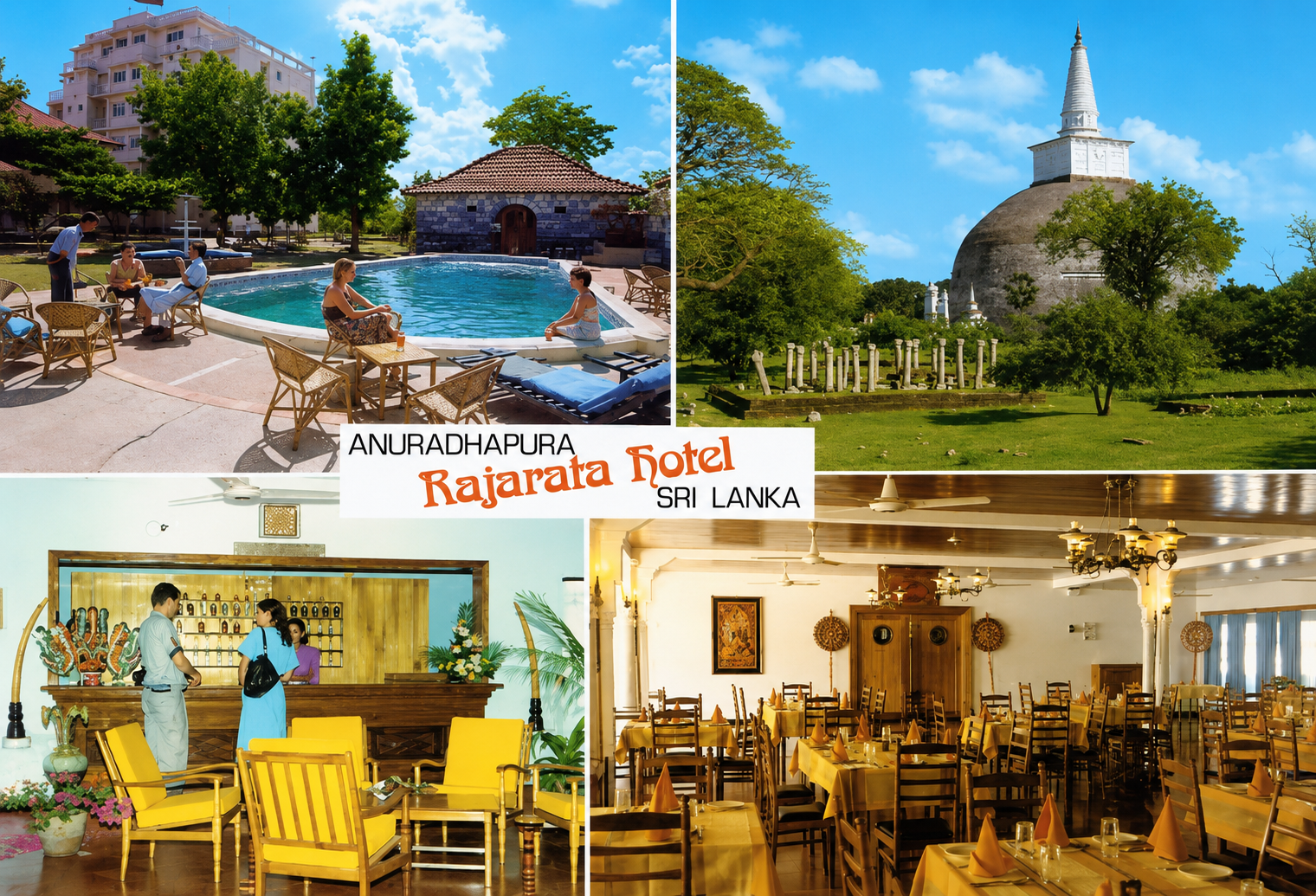 Vintage 1970s postcard of Rajarata Hotel Anuradhapura showing pool, nearby dagoba, lobby reception and dining hall
