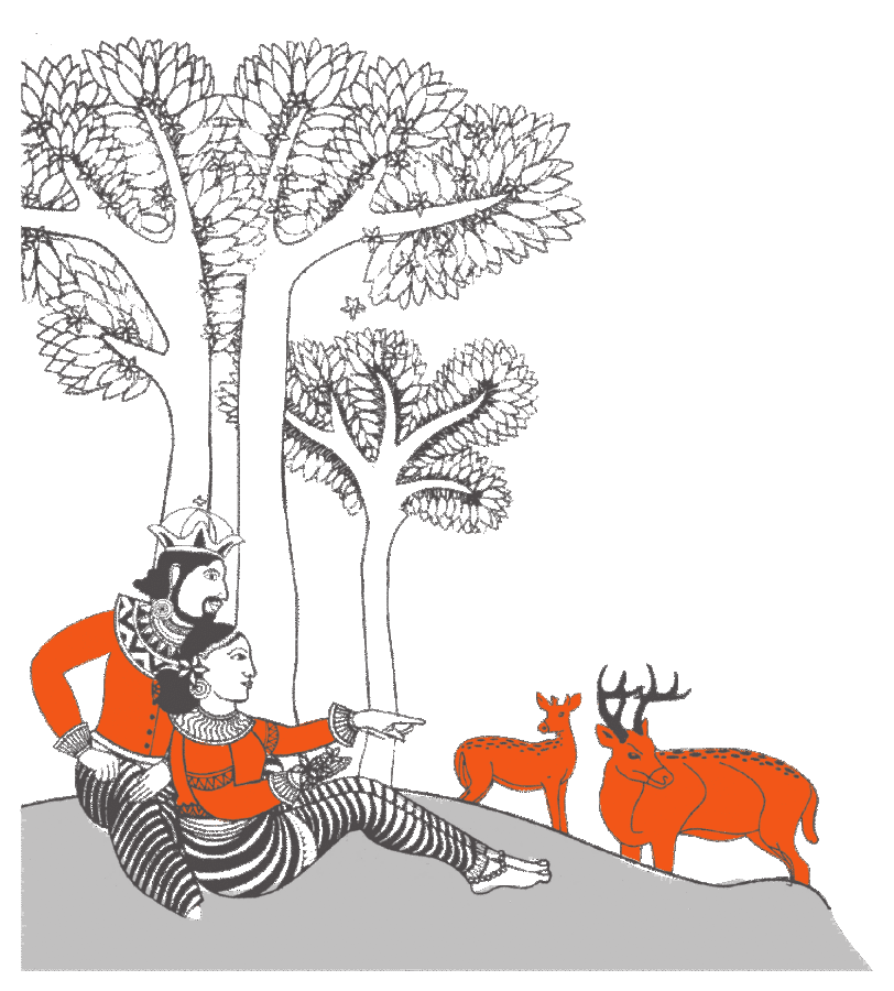 Heritage illustration of a king and queen at rest in a forest with deer