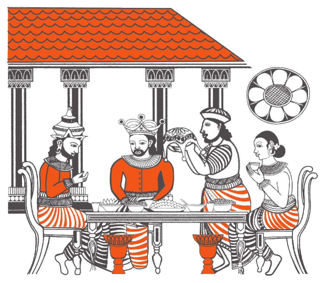 Heritage illustration of a royal feast under a tiled pavilion