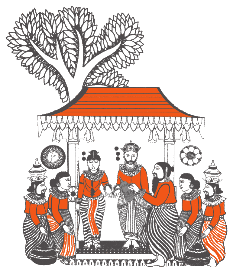 Heritage illustration of a royal ceremony under a tiled pavilion