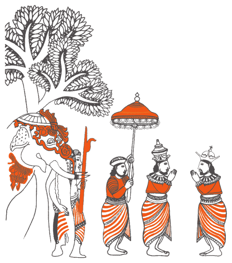 Heritage illustration of a royal procession under flowering trees