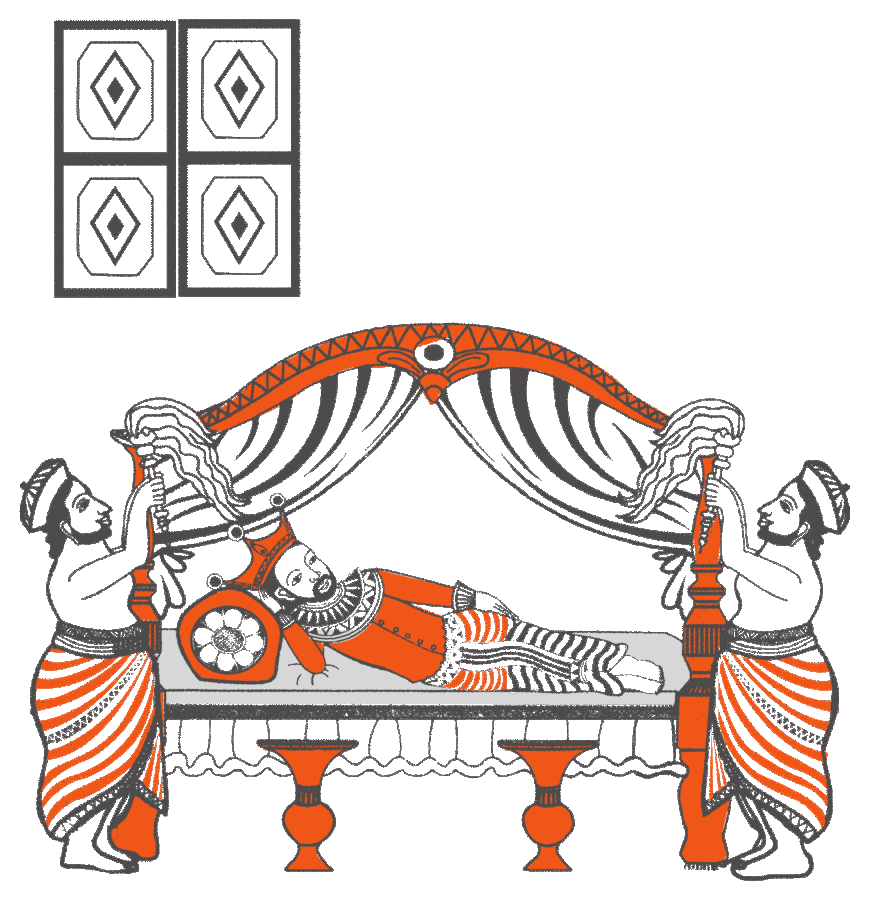 Heritage illustration of royalty resting on a draped bed